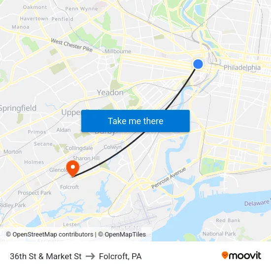 36th St & Market St to Folcroft, PA map