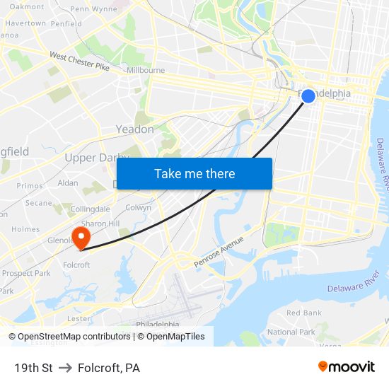 19th St to Folcroft, PA map