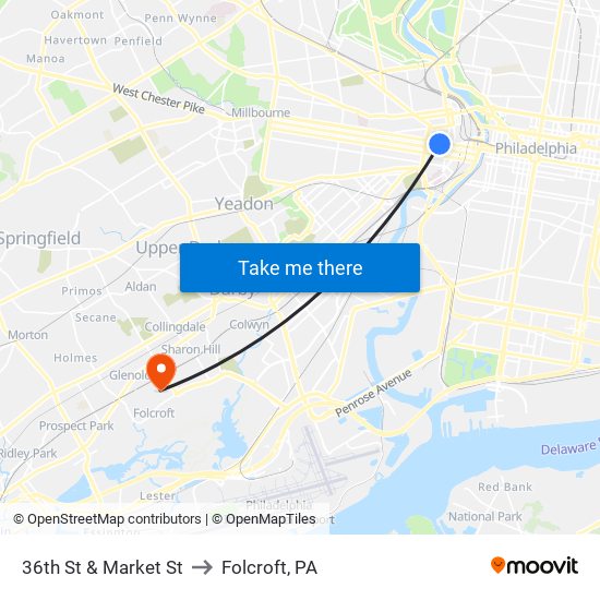 36th St & Market St to Folcroft, PA map