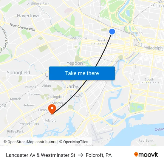 Lancaster Av & Westminster St to Folcroft, PA map