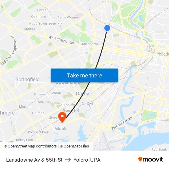 Lansdowne Av & 55th St to Folcroft, PA map