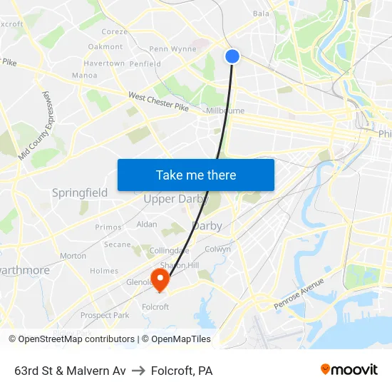 63rd St & Malvern Av to Folcroft, PA map