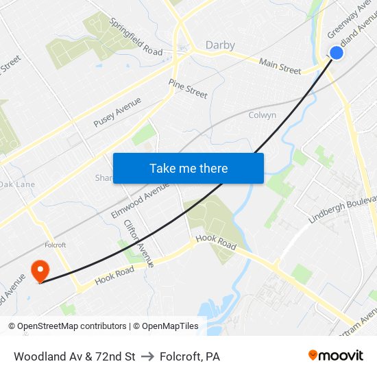 Woodland Av & 72nd St to Folcroft, PA map