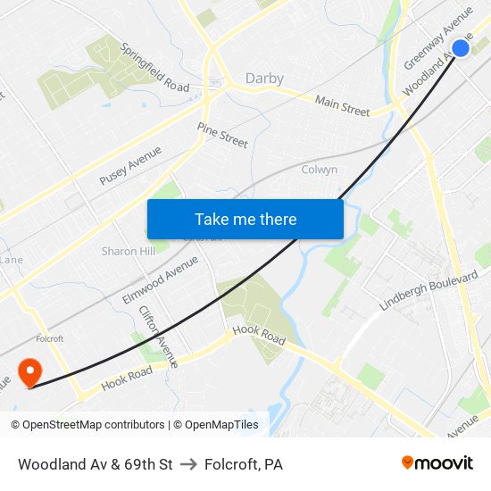 Woodland Av & 69th St to Folcroft, PA map