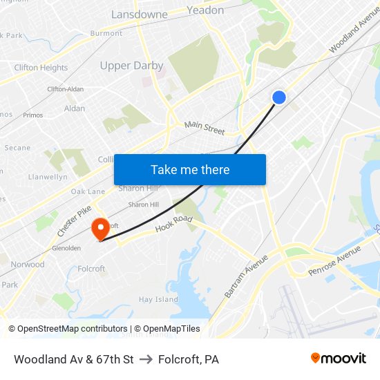 Woodland Av & 67th St to Folcroft, PA map