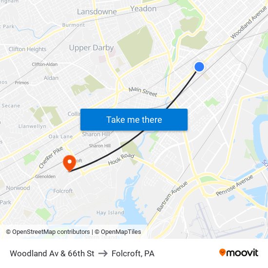 Woodland Av & 66th St to Folcroft, PA map