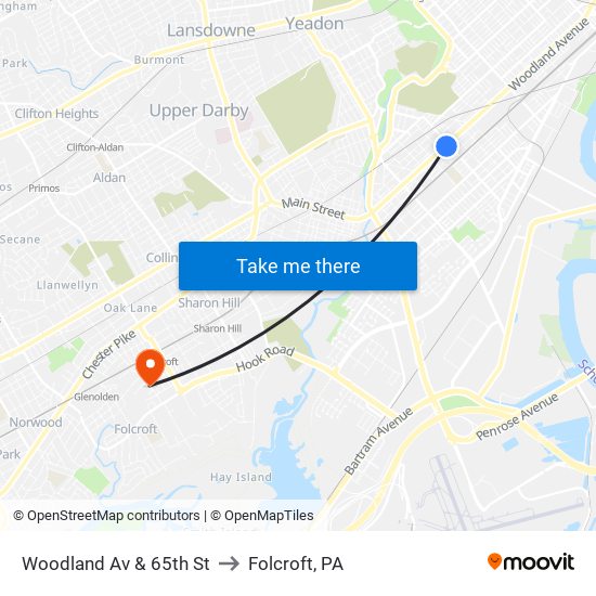 Woodland Av & 65th St to Folcroft, PA map