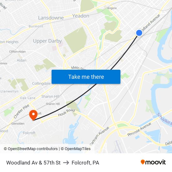 Woodland Av & 57th St to Folcroft, PA map