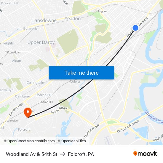 Woodland Av & 54th St to Folcroft, PA map