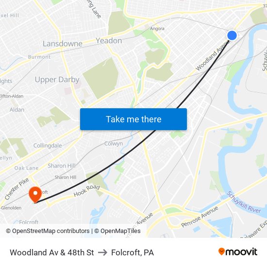 Woodland Av & 48th St to Folcroft, PA map