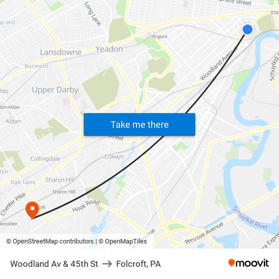 Woodland Av & 45th St to Folcroft, PA map