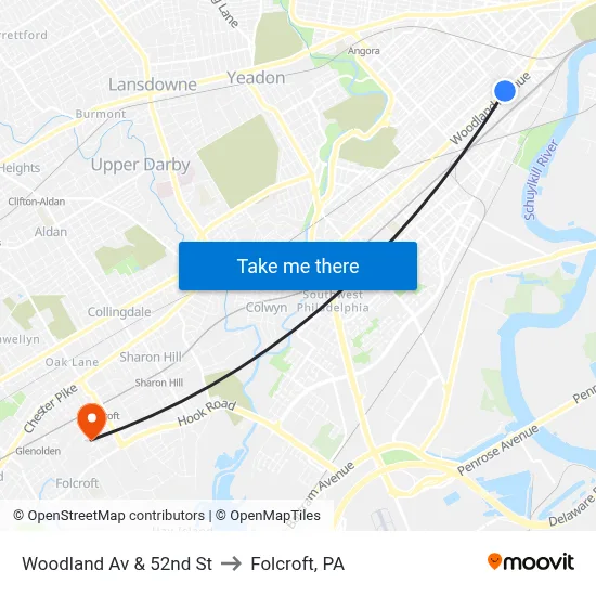 Woodland Av & 52nd St to Folcroft, PA map