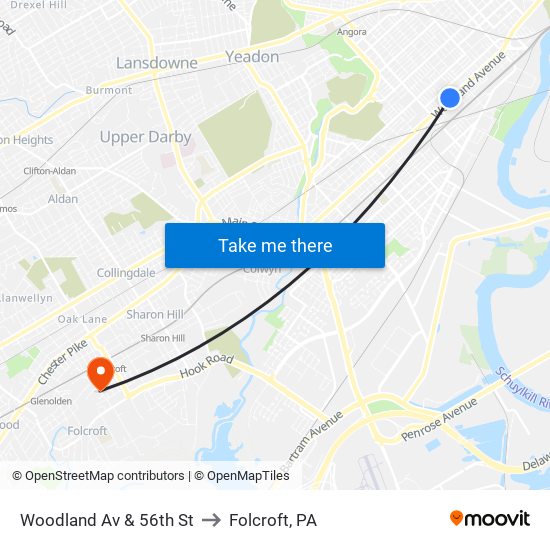 Woodland Av & 56th St to Folcroft, PA map