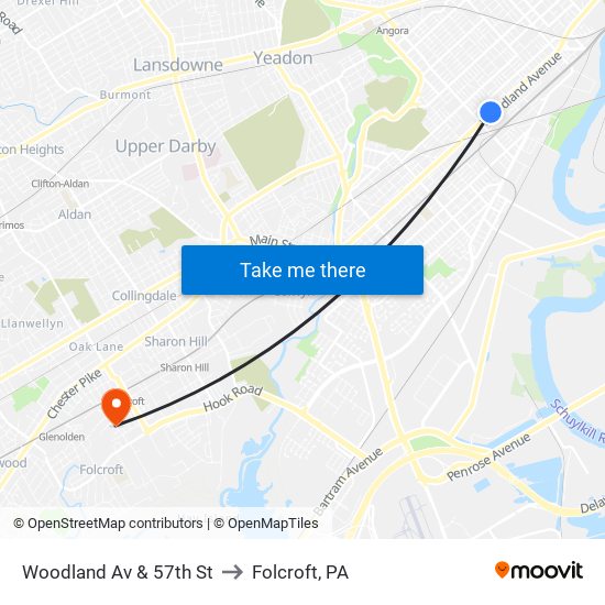 Woodland Av & 57th St to Folcroft, PA map