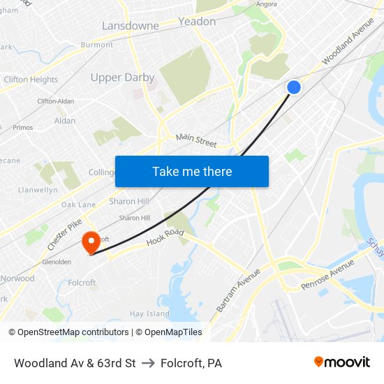 Woodland Av & 63rd St to Folcroft, PA map