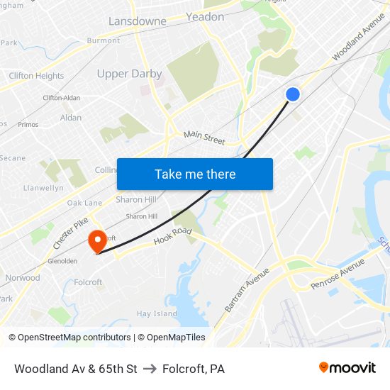 Woodland Av & 65th St to Folcroft, PA map