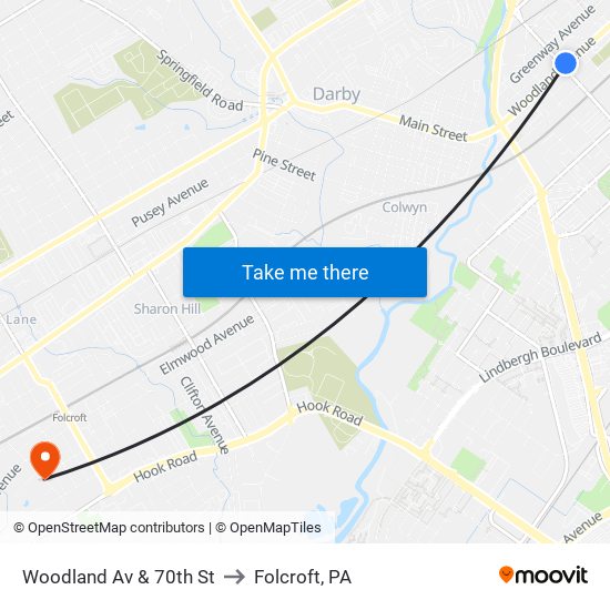 Woodland Av & 70th St to Folcroft, PA map