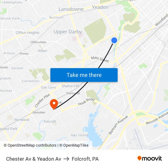 Chester Av & Yeadon Av to Folcroft, PA map