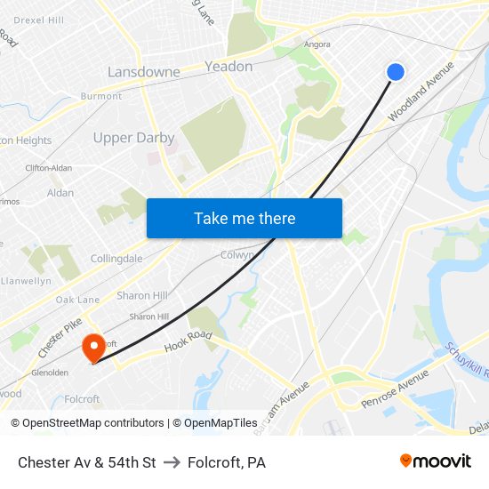 Chester Av & 54th St to Folcroft, PA map