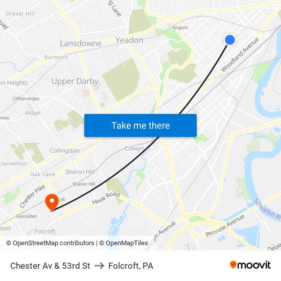 Chester Av & 53rd St to Folcroft, PA map