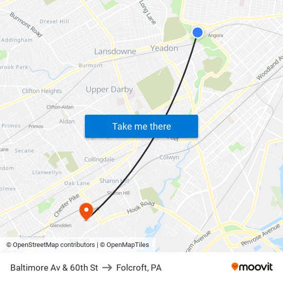 Baltimore Av & 60th St to Folcroft, PA map