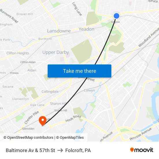 Baltimore Av & 57th St to Folcroft, PA map