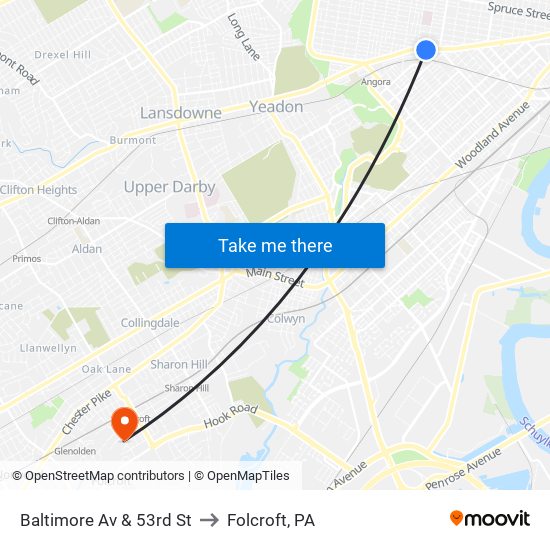 Baltimore Av & 53rd St to Folcroft, PA map