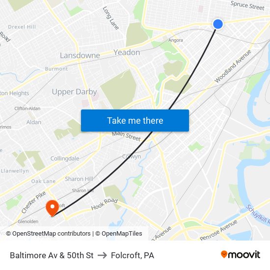 Baltimore Av & 50th St to Folcroft, PA map