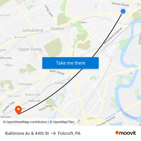 Baltimore Av & 44th St to Folcroft, PA map