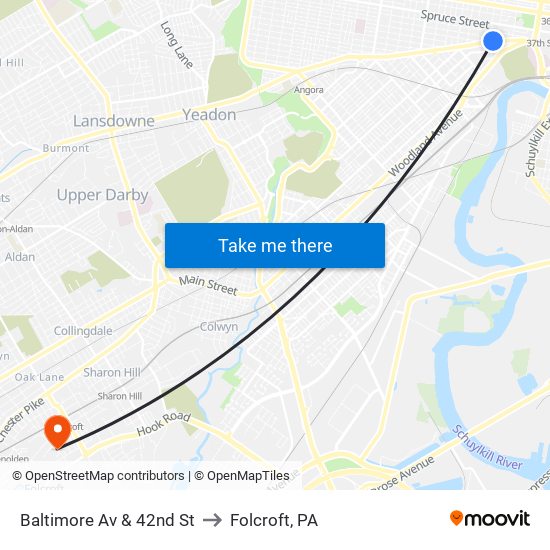 Baltimore Av & 42nd St to Folcroft, PA map