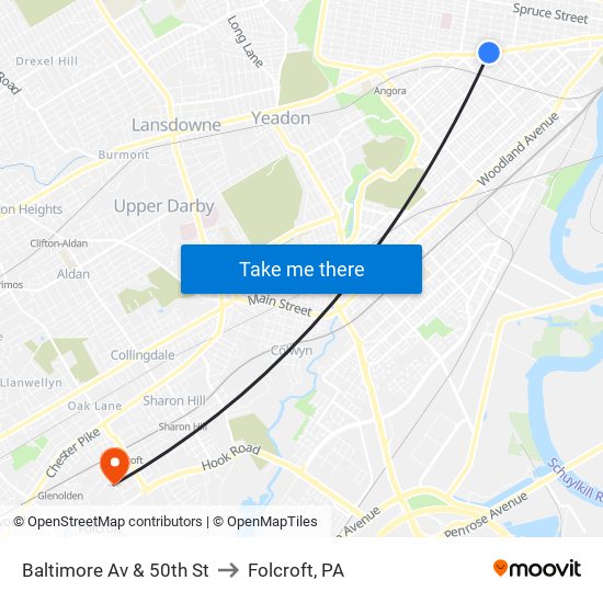 Baltimore Av & 50th St to Folcroft, PA map