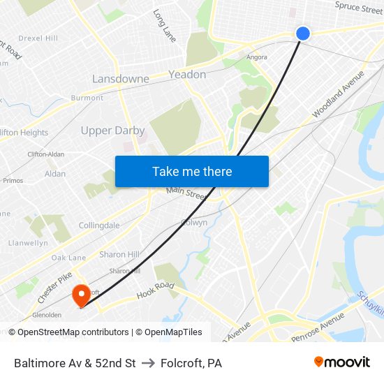 Baltimore Av & 52nd St to Folcroft, PA map
