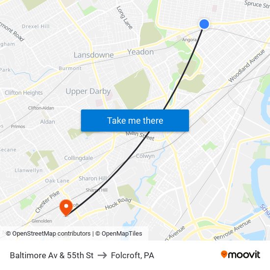 Baltimore Av & 55th St to Folcroft, PA map