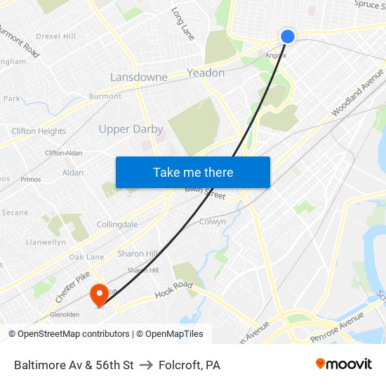 Baltimore Av & 56th St to Folcroft, PA map