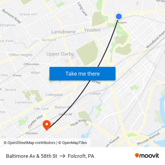 Baltimore Av & 58th St to Folcroft, PA map