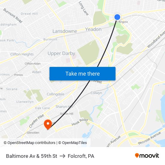Baltimore Av & 59th St to Folcroft, PA map
