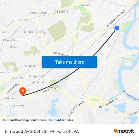 Elmwood Av & 56th St to Folcroft, PA map