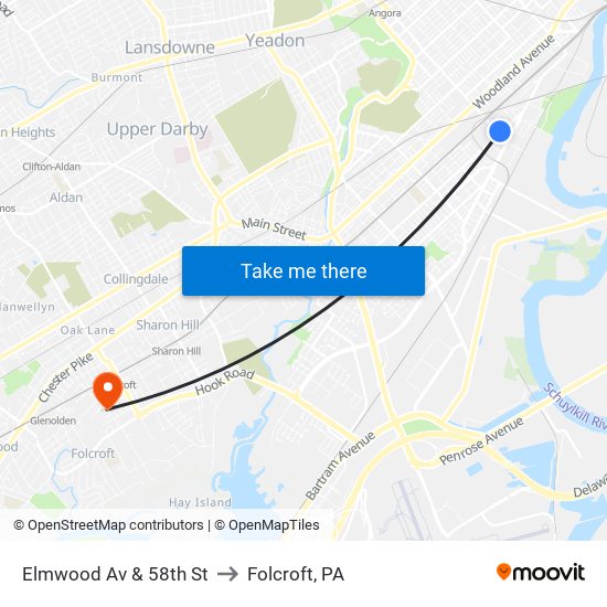 Elmwood Av & 58th St to Folcroft, PA map