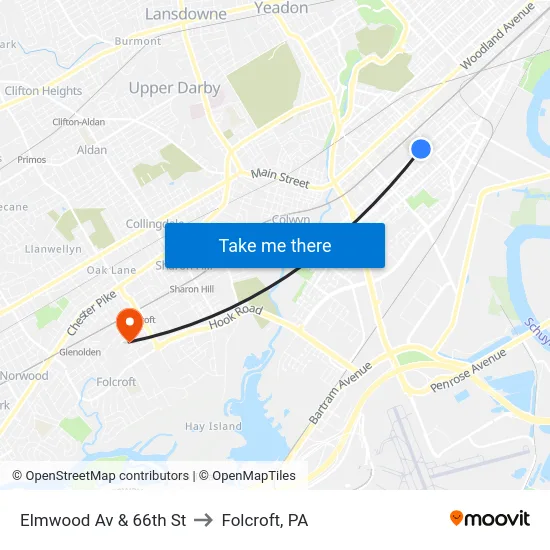 Elmwood Av & 66th St to Folcroft, PA map