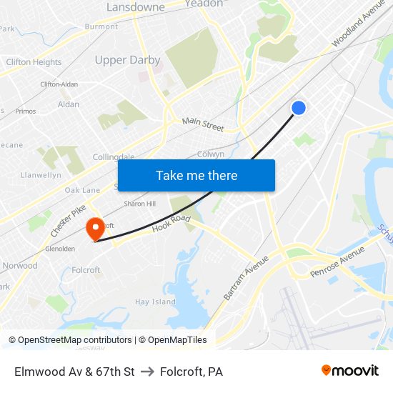 Elmwood Av & 67th St to Folcroft, PA map