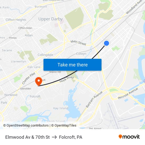 Elmwood Av & 70th St to Folcroft, PA map