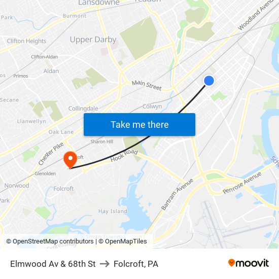Elmwood Av & 68th St to Folcroft, PA map