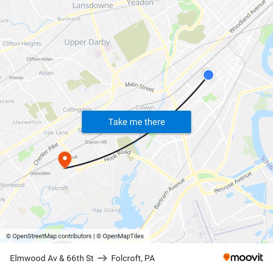 Elmwood Av & 66th St to Folcroft, PA map