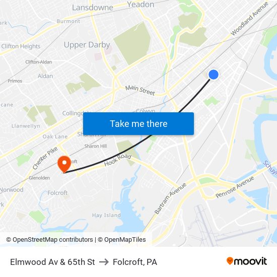 Elmwood Av & 65th St to Folcroft, PA map