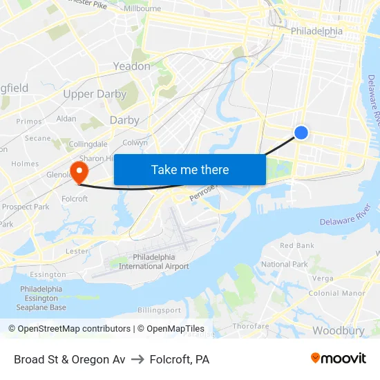 Broad St & Oregon Av to Folcroft, PA map