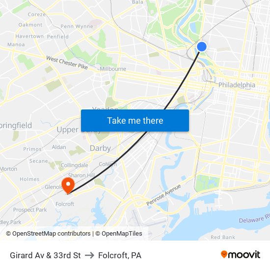 Girard Av & 33rd St to Folcroft, PA map