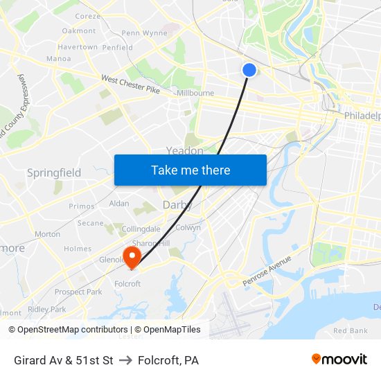Girard Av & 51st St to Folcroft, PA map