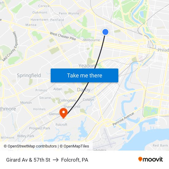 Girard Av & 57th St to Folcroft, PA map