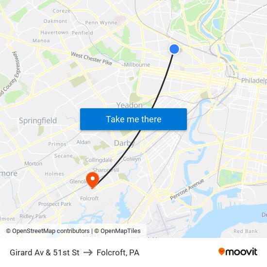 Girard Av & 51st St to Folcroft, PA map
