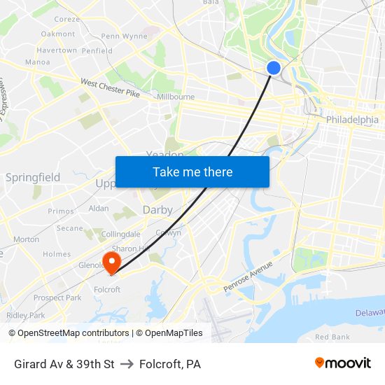 Girard Av & 39th St to Folcroft, PA map